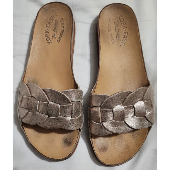 Kork-Ease Shoes - Kork-Ease Womens Myrna Braided Leather Slide Sandals Gold Metallic K67210 7M